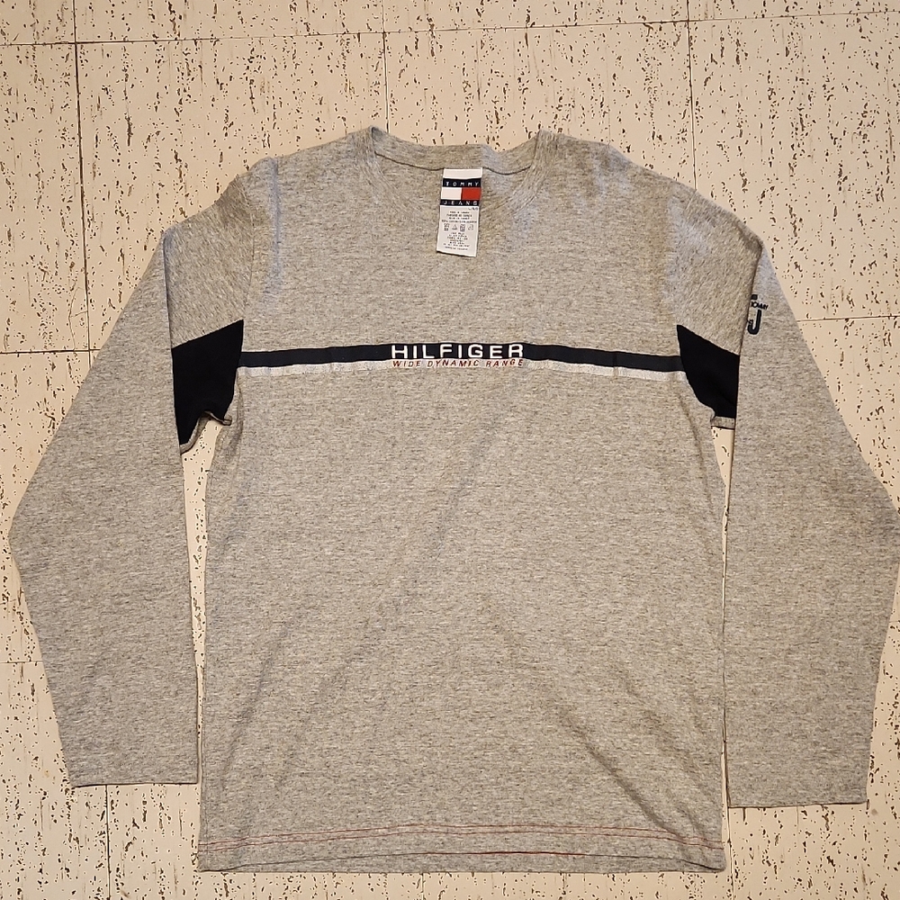 Tommy Hilfiger Jeans Grey Spellout Stripe Logo Long Sleeve T Shirt Vintage Y2K